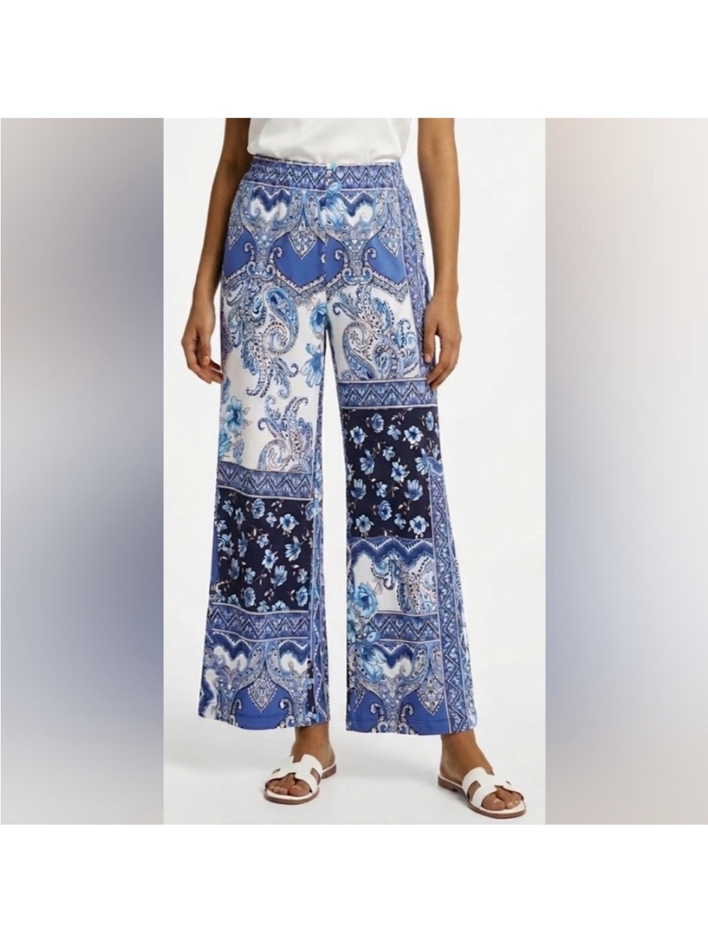 Boston Proper Blue Paisley Patchwork Wide-Leg Pants Size XL